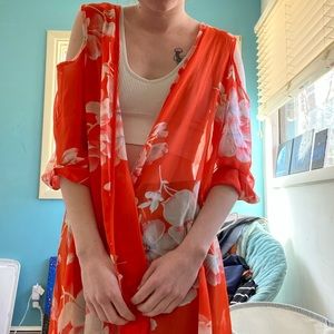 Medium Orange Flower Pattern Blouse Throwover meaeor Brand